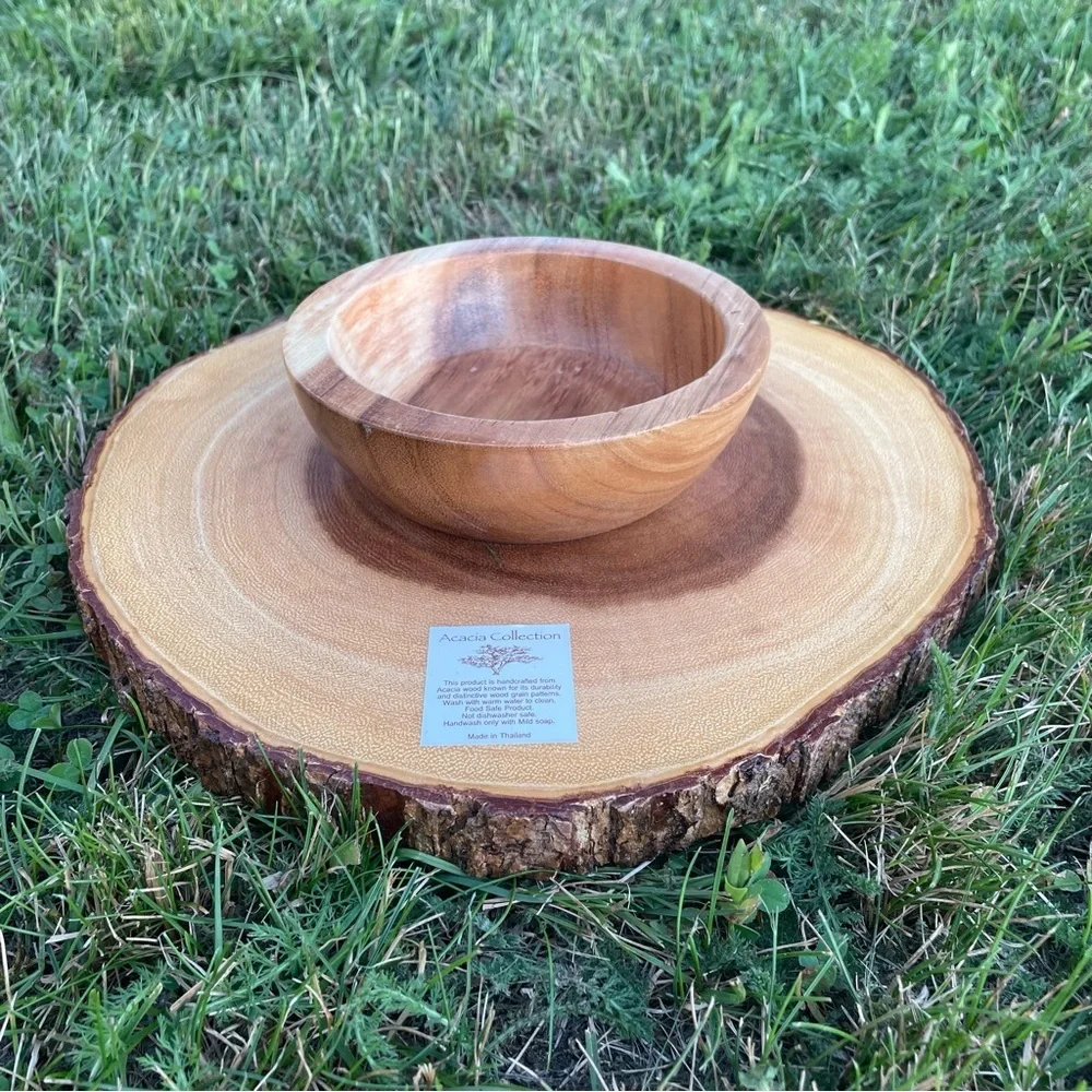 ACACIA COLLECTION Handcrafted Wooden Wood Slice Raw Edge Serving Tray Bowl